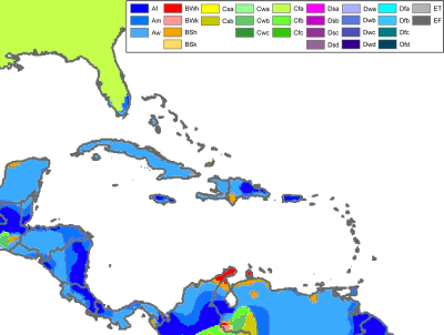 Karta som visar klimatzoner i Karibien.