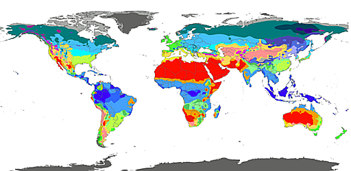 Världskarta som visar de olika klimatzoner på jorden.