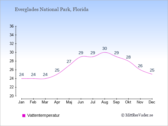 Vattentemperatur i Everglades National Park Badtemperatur: Januari 24. Februari 24. Mars 24. April 25. Maj 27. Juni 29. Juli 29. Augusti 30. September 29. Oktober 28. November 26. December 25.